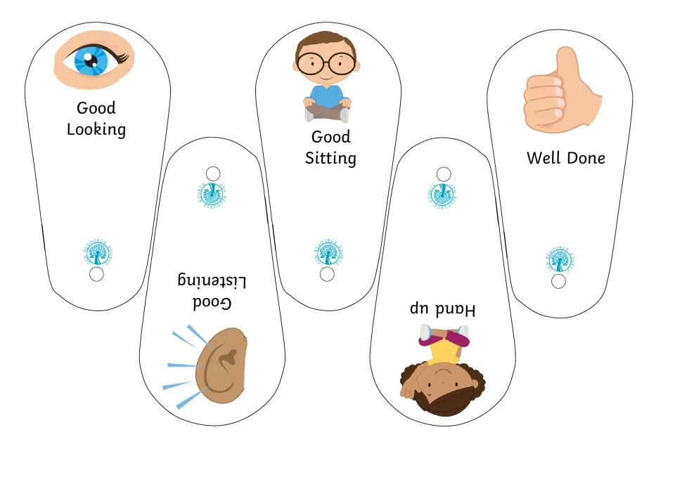 Behaviour fan cut-out blades: Good Looking, Good Sitting, Well Done, Good Listening and Hand up, each with a picture