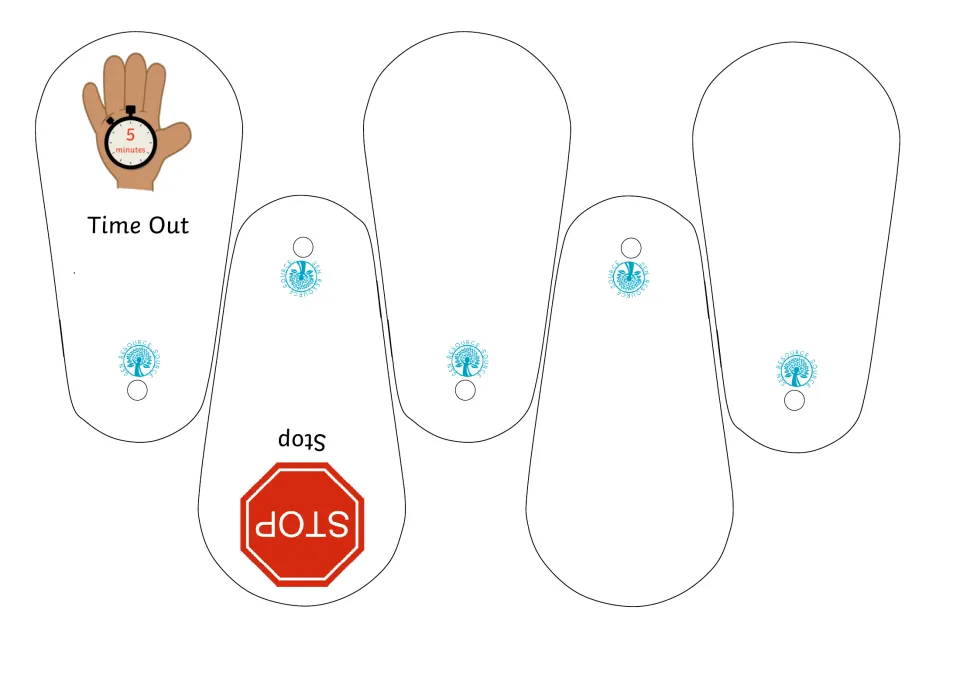 Fan blades for Time Out with a 5-minute timer hand and Stop with a stop sign, plus three blank blades for your own prompts