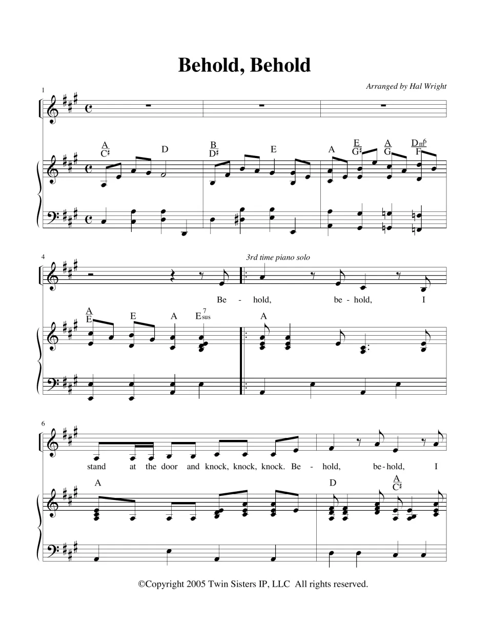 Behold, Behold song in A major, bars 1-7: vocal melody with lyrics "I stand at the door and knock" over piano and chords