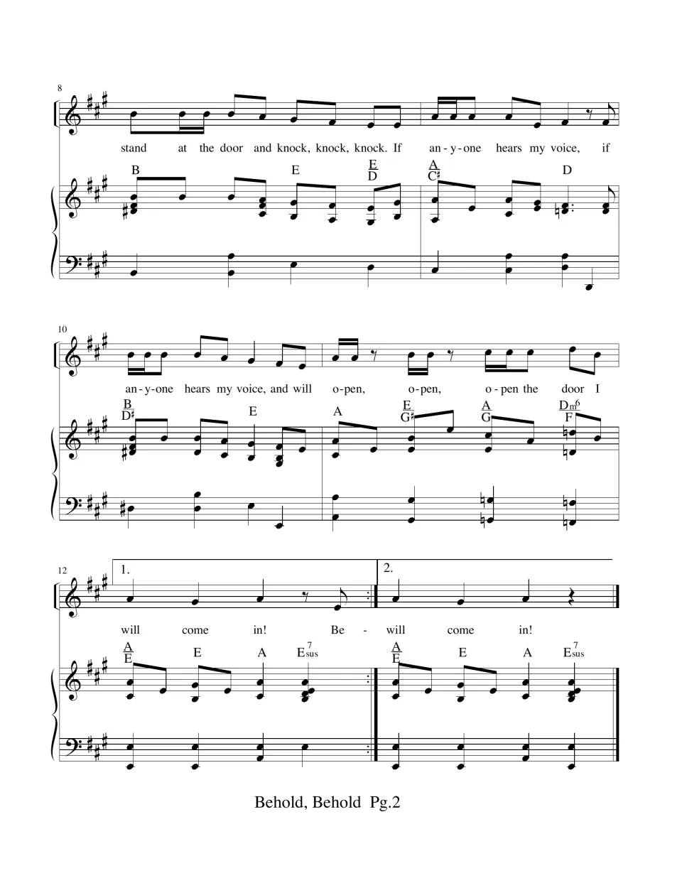 Song bars 8-13: lyrics "If anyone hears my voice" and "open the door" with piano, chord symbols and 1st and 2nd endings