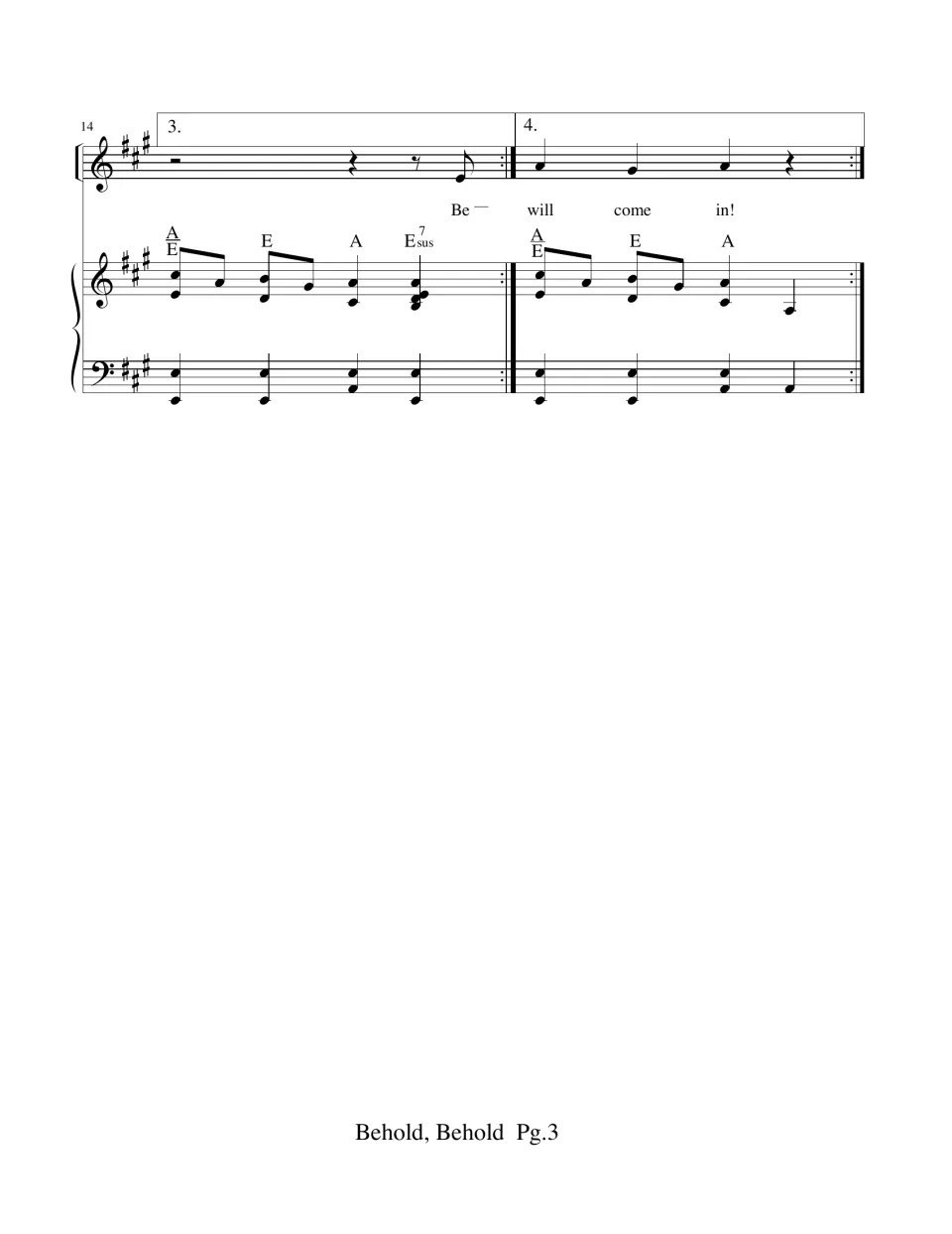 Final bars 14-15 of the song: 3rd and 4th endings closing on "will come in!" with piano accompaniment and chord symbols