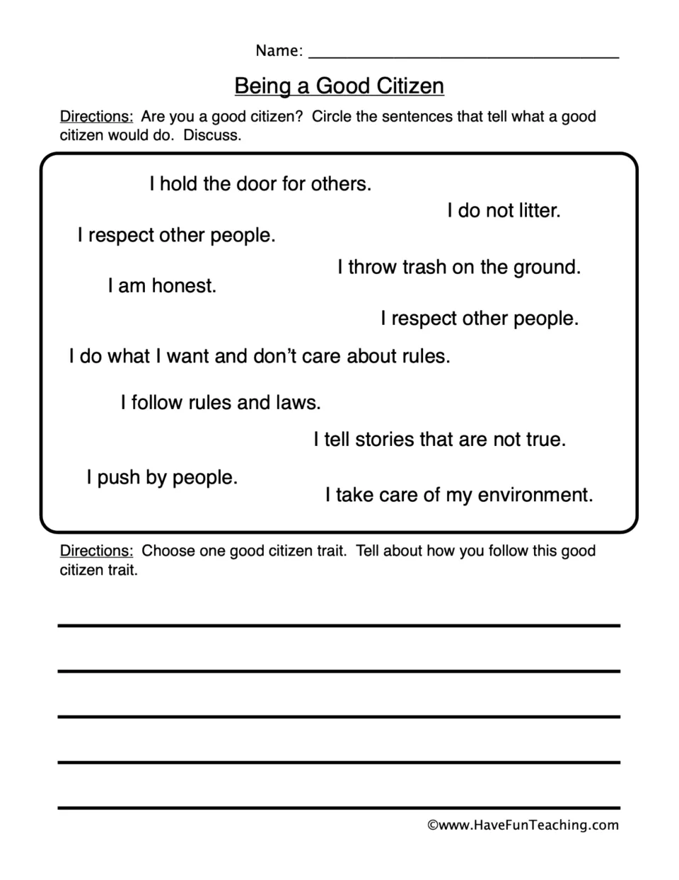 Good citizen sort: students circle statements like I am honest and I do not litter, then write about one trait they follow