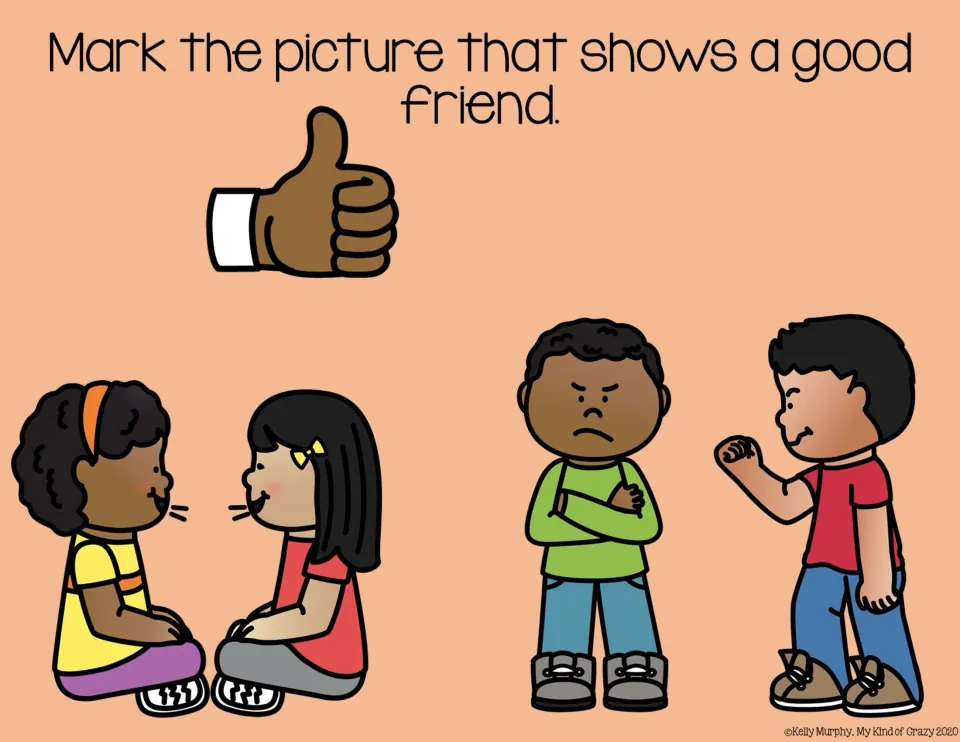 Friendship choice slide 1: two children talking together versus a child raising a fist beside an upset child