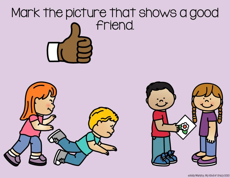 Friendship choice slide 2: a child pushing another child down versus a child giving a friend a flower drawing