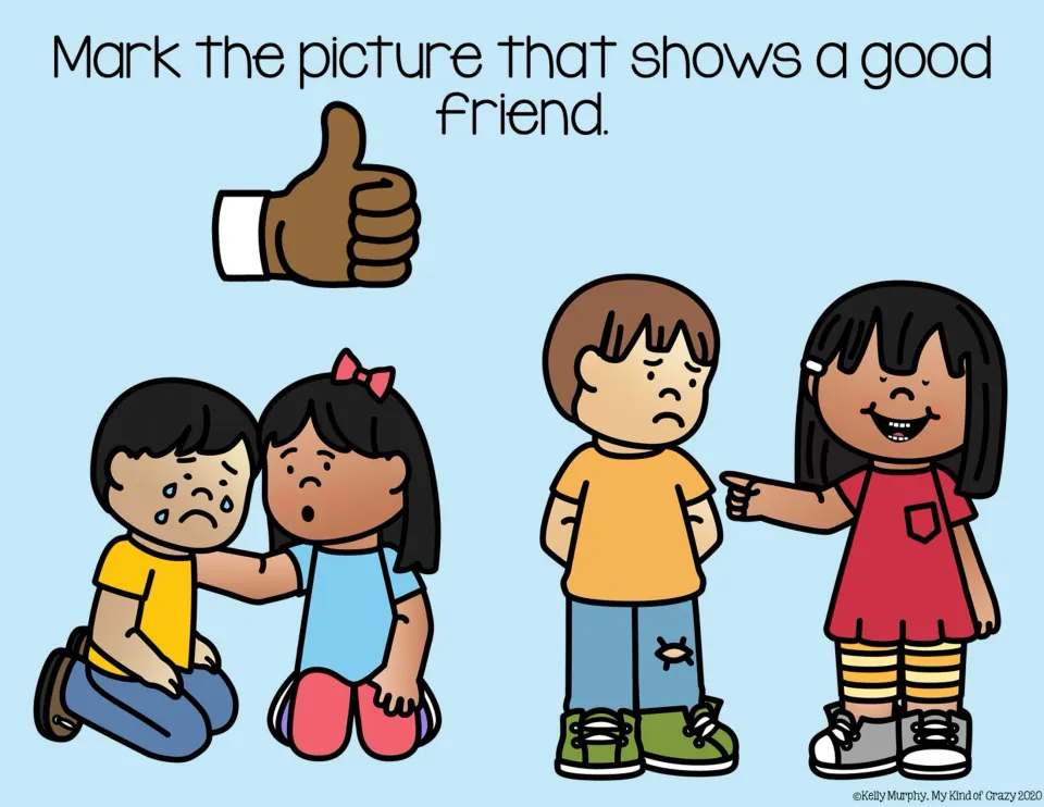 Friendship choice slide 3: comforting a crying child versus pointing and laughing at a child with torn pants