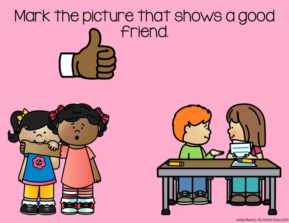 Friendship choice slide 4: a child biting another child's arm versus two children sharing work at a table