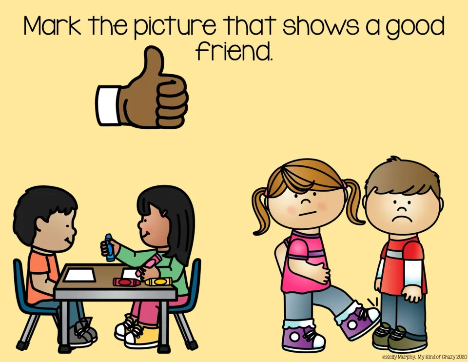 Friendship choice slide 5: children sharing crayons at a table versus a child kicking another child's leg