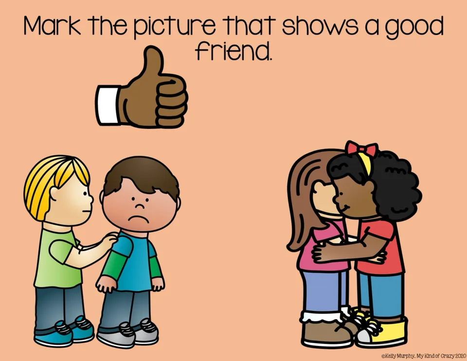 Friendship choice slide 6: a child touching an unhappy child's shoulder versus two smiling children hugging