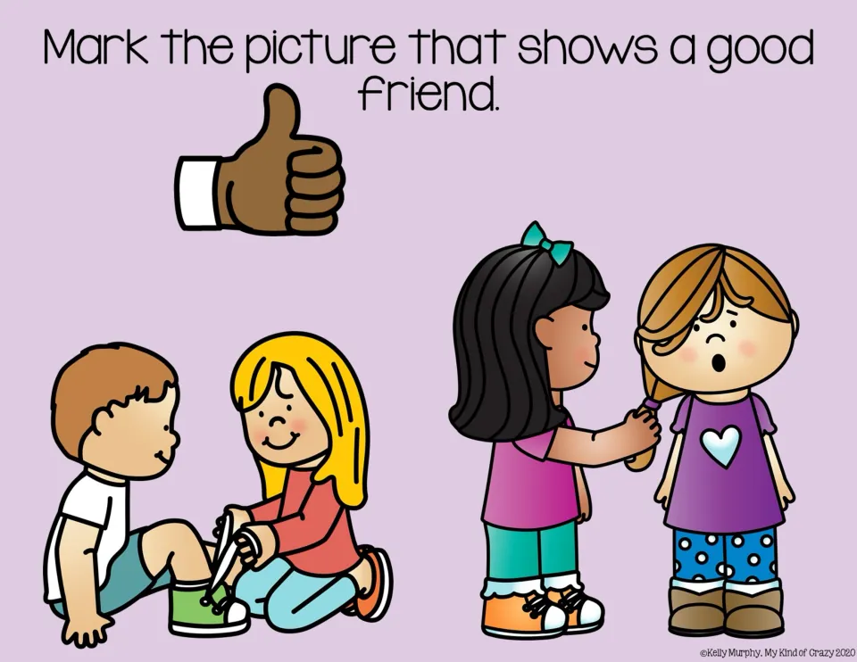 Friendship choice slide 7: helping another child tie a shoelace versus pulling an unhappy child's braid