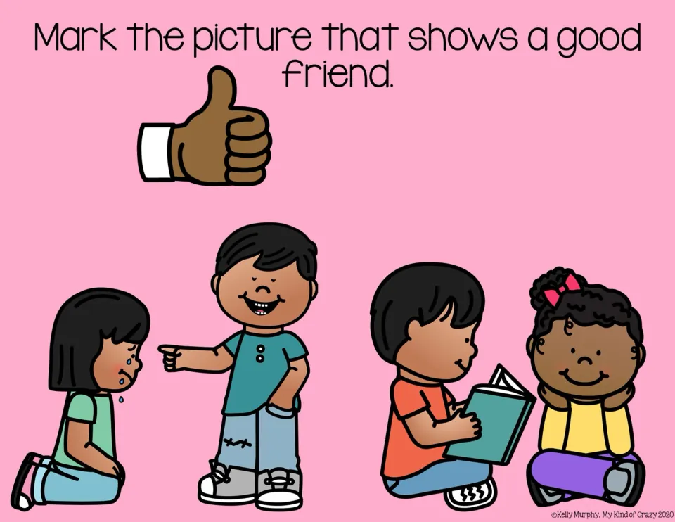 Friendship choice slide 9: pointing and laughing at a crying child versus reading a book to a smiling friend