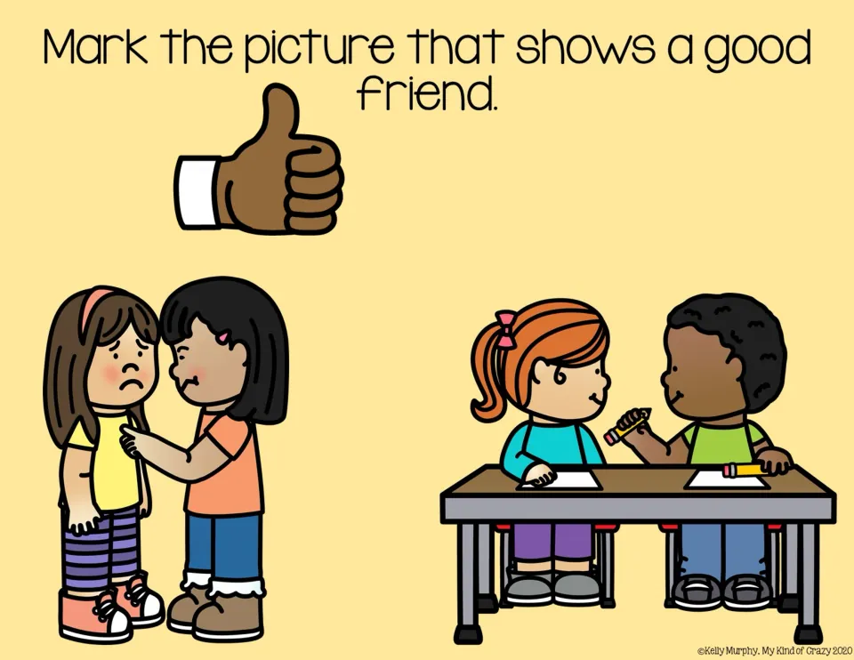 Friendship choice slide 10: grabbing an unhappy child's shirt versus offering a pencil to a friend at a table