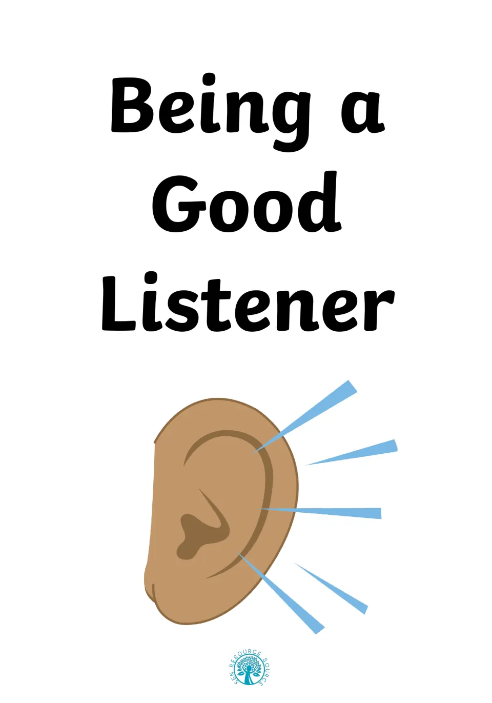 Cover of a social story titled Being a Good Listener, illustrated with a large ear and blue sound lines beside it
