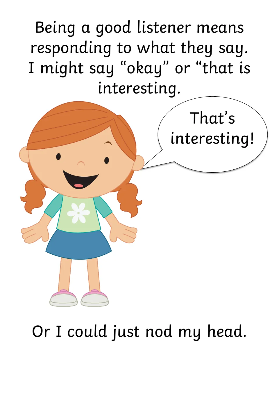 Responding to a speaker: say 'okay' or 'that is interesting' or nod; a girl's speech bubble reads 'That's interesting!'