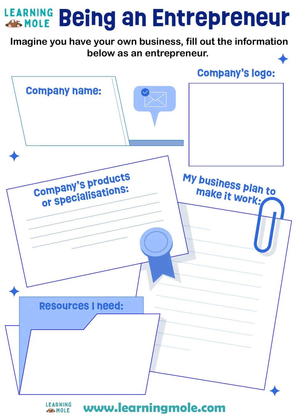 Starting a business: students imagine their own company and fill in its name, logo, products, business plan and resources