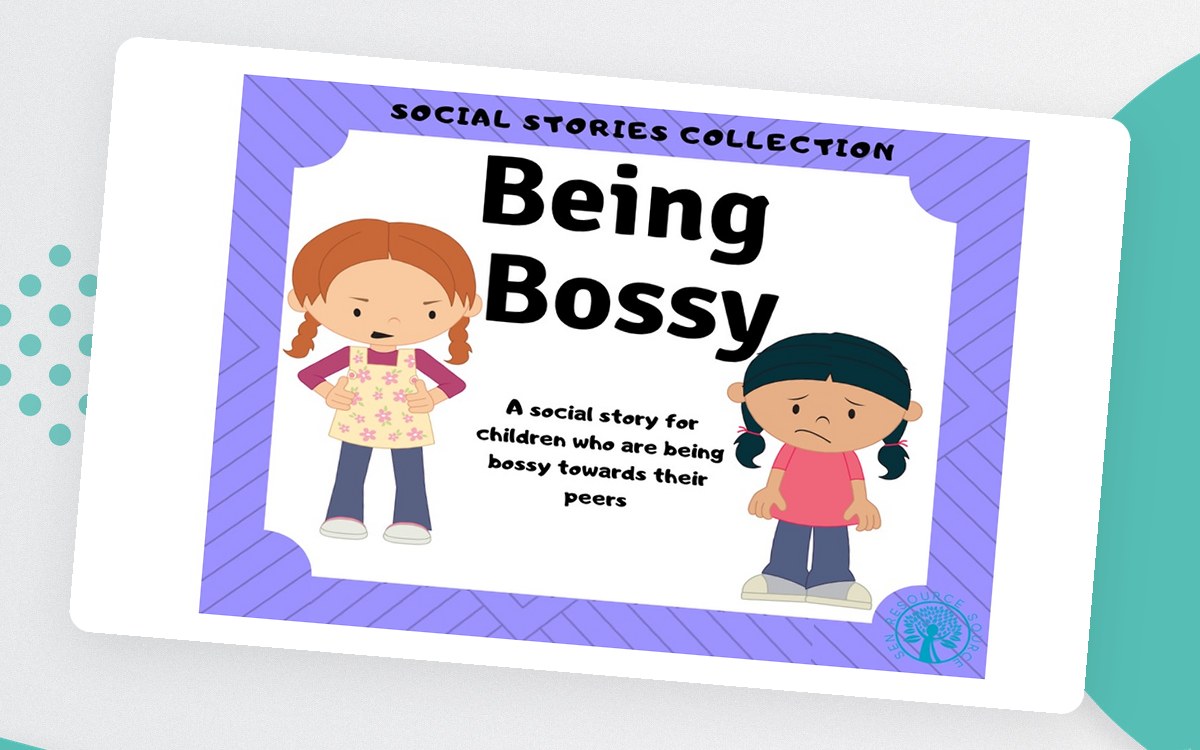 Being Bossy social-story cover with two children.