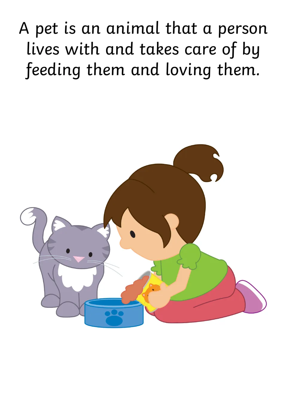 What a pet is: story defines a pet as an animal a person lives with, feeds and loves, shown by a girl feeding a grey cat