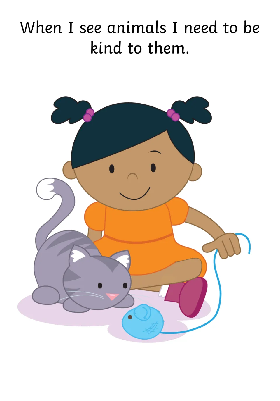 Kindness rule: When I see animals I need to be kind to them, with a girl gently playing with a cat using a toy mouse