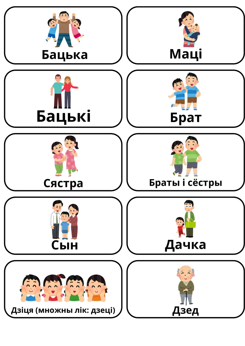 Belarusian immediate family words: 10 picture cards to name relatives, from Бацька (father) and Маці (mother) to Дзед