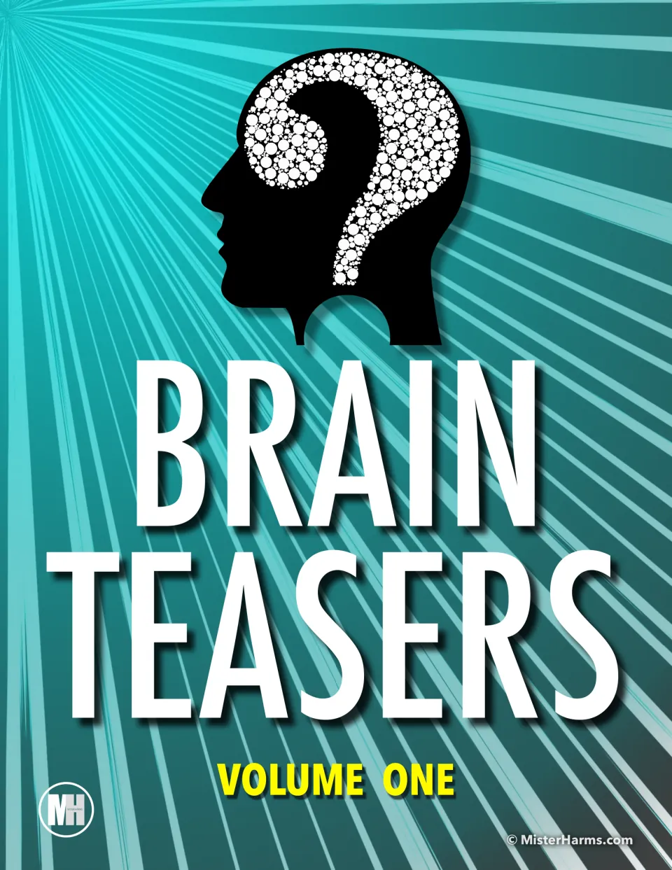 Brain Teasers Volume One cover: a head silhouette with a question mark made of circles above the large white title
