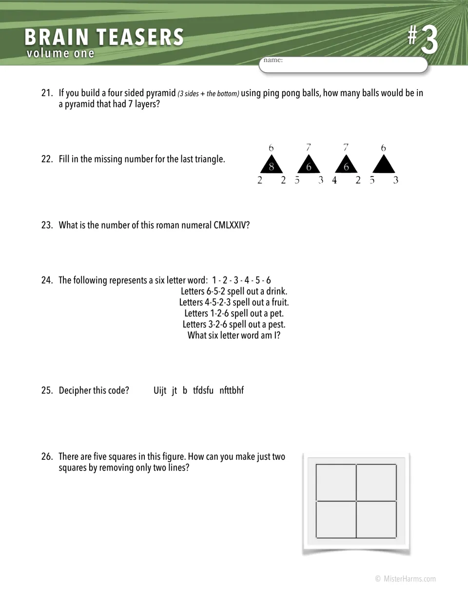 Brain teasers #3: logic puzzles 21-26 with a number triangle, a Roman numeral, a letter-shift code and a squares figure