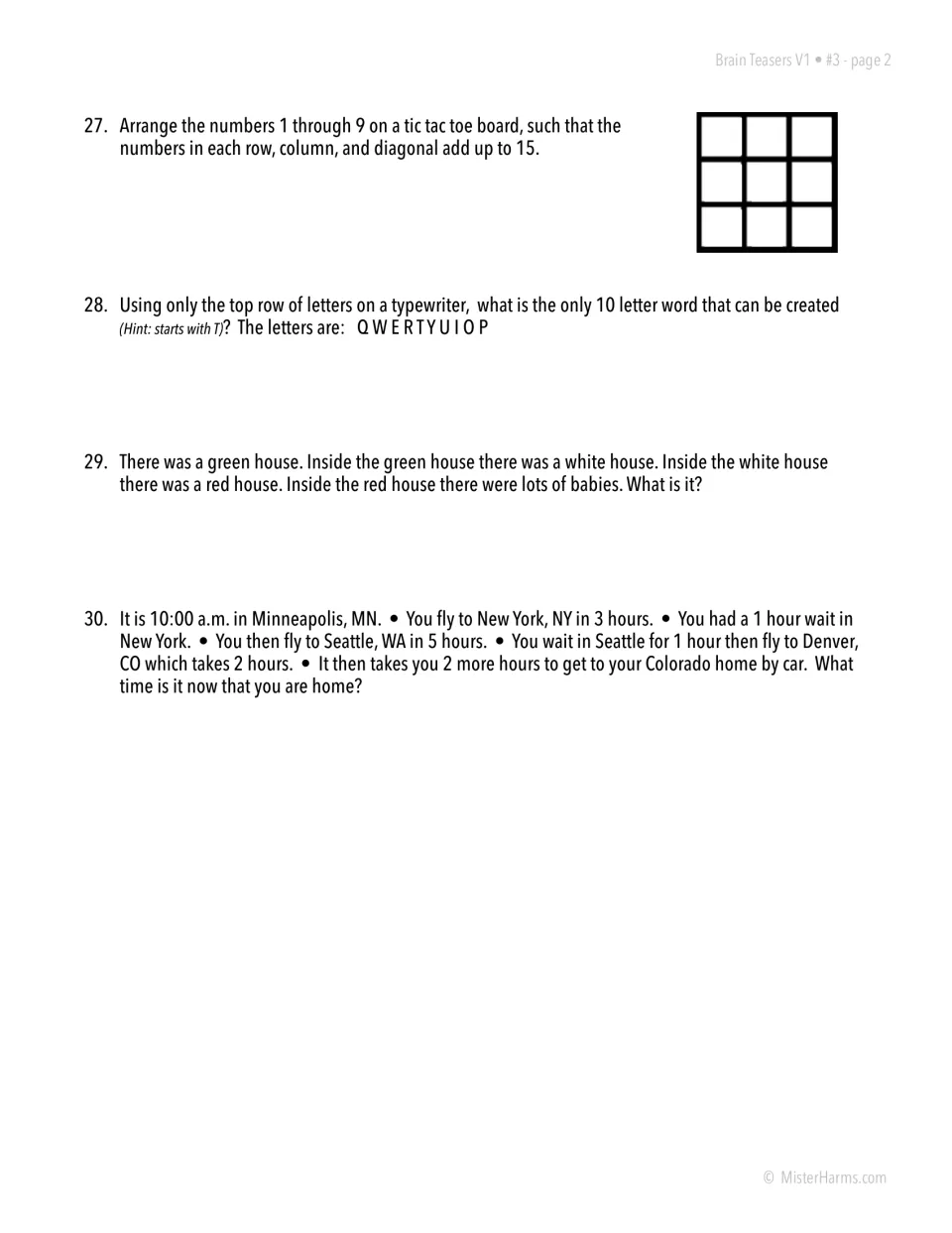 Brain teasers #3, page 2: puzzles 27-30, a 1-9 magic square, a typewriter-row word, a nested-house riddle and travel time