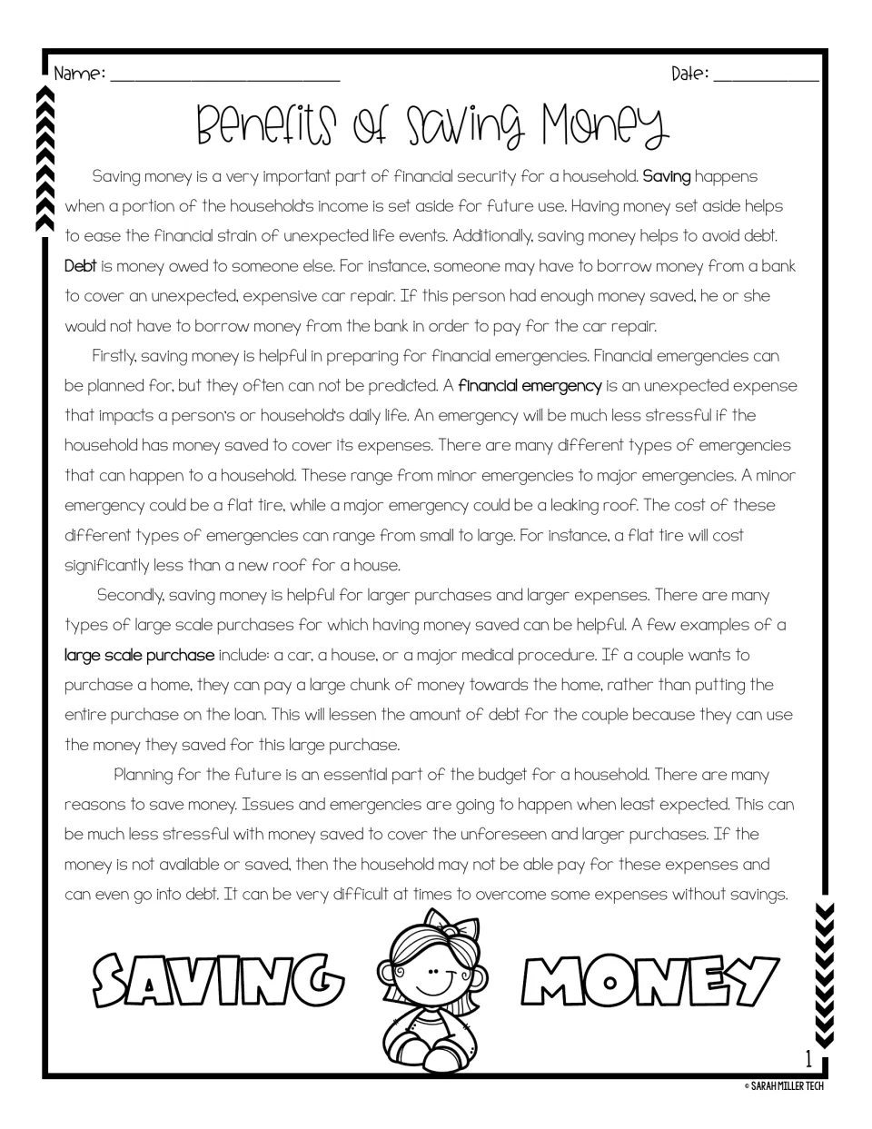 Reading passage explains how saving money helps households avoid debt, handle emergencies, and buy larger items.