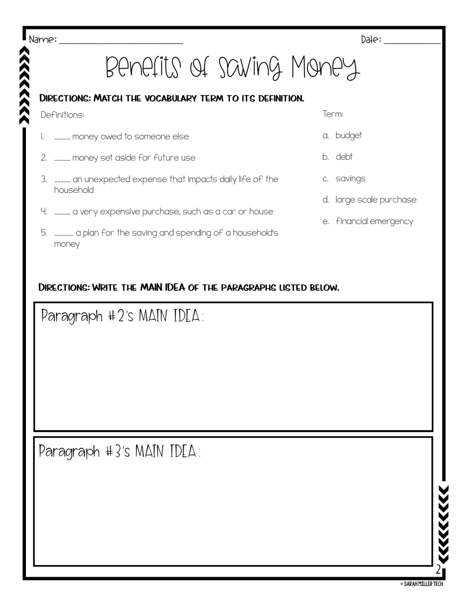 Vocabulary and main idea activity asks students to match five financial terms and summarize paragraphs 2 and 3.