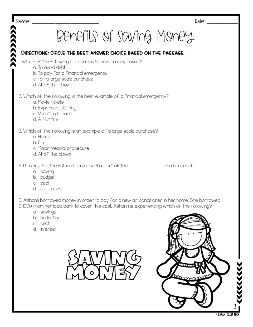 Five multiple-choice questions check understanding of saving money, financial emergencies, purchases, and debt.