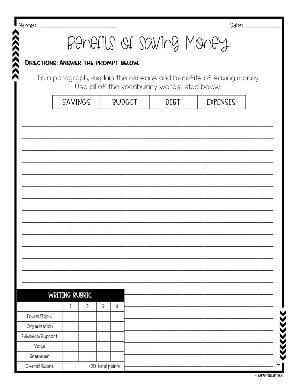 Paragraph writing prompt asks students to explain saving money using savings, budget, debt, and expenses.