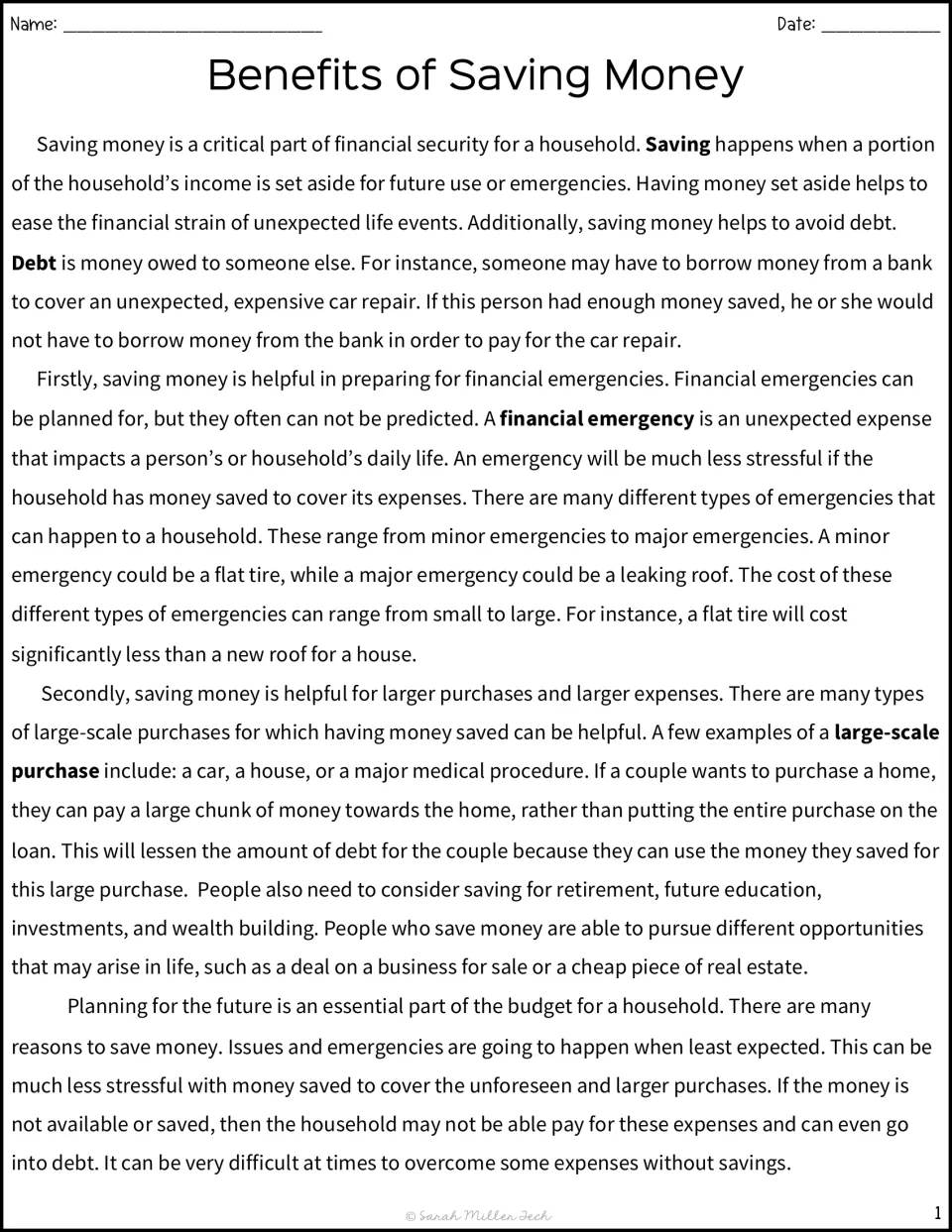 Reading passage on saving money: four paragraphs defining savings, debt, financial emergency and large-scale purchases