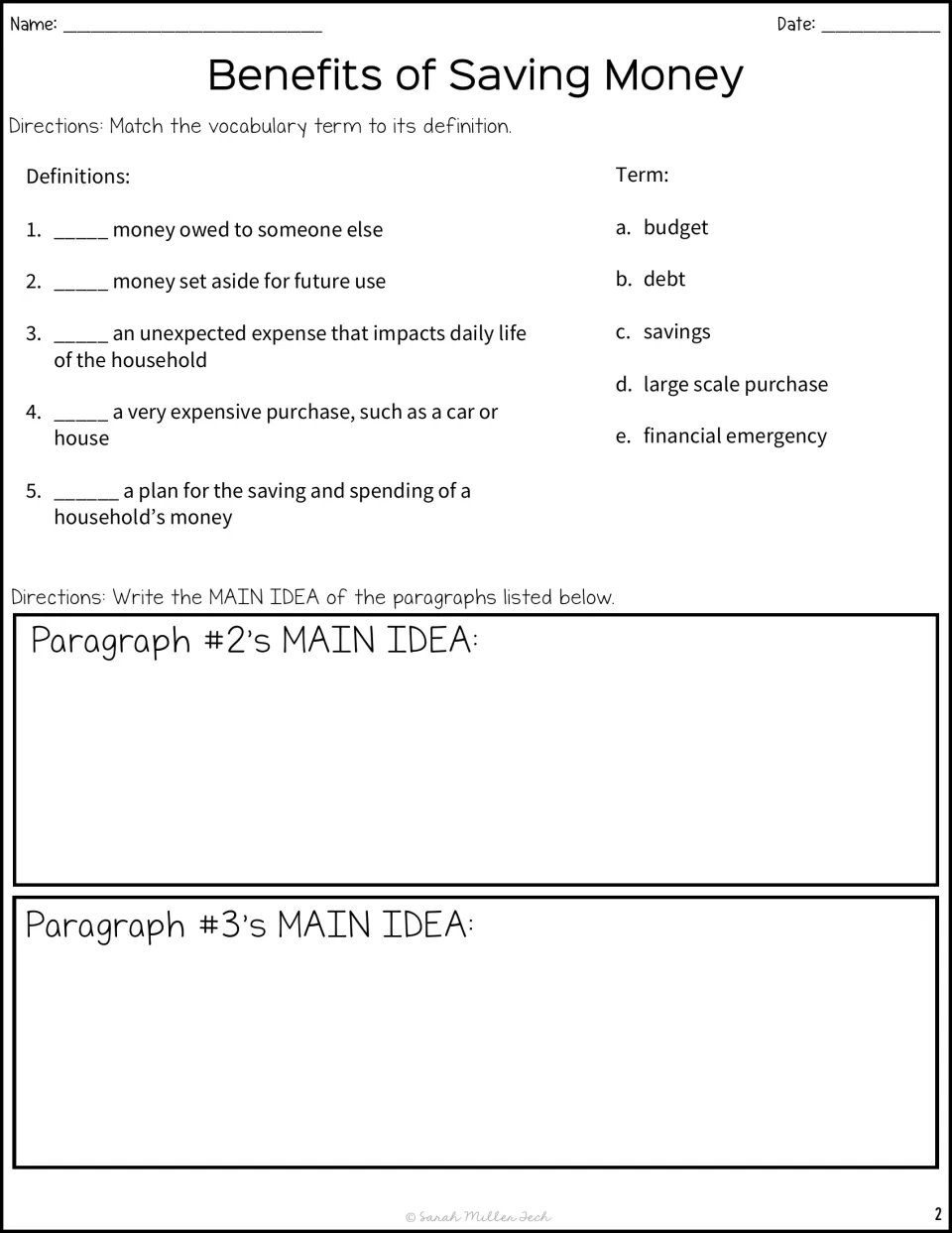 Saving vocabulary and main idea: students match 5 terms such as debt to definitions, then summarize 2 paragraphs