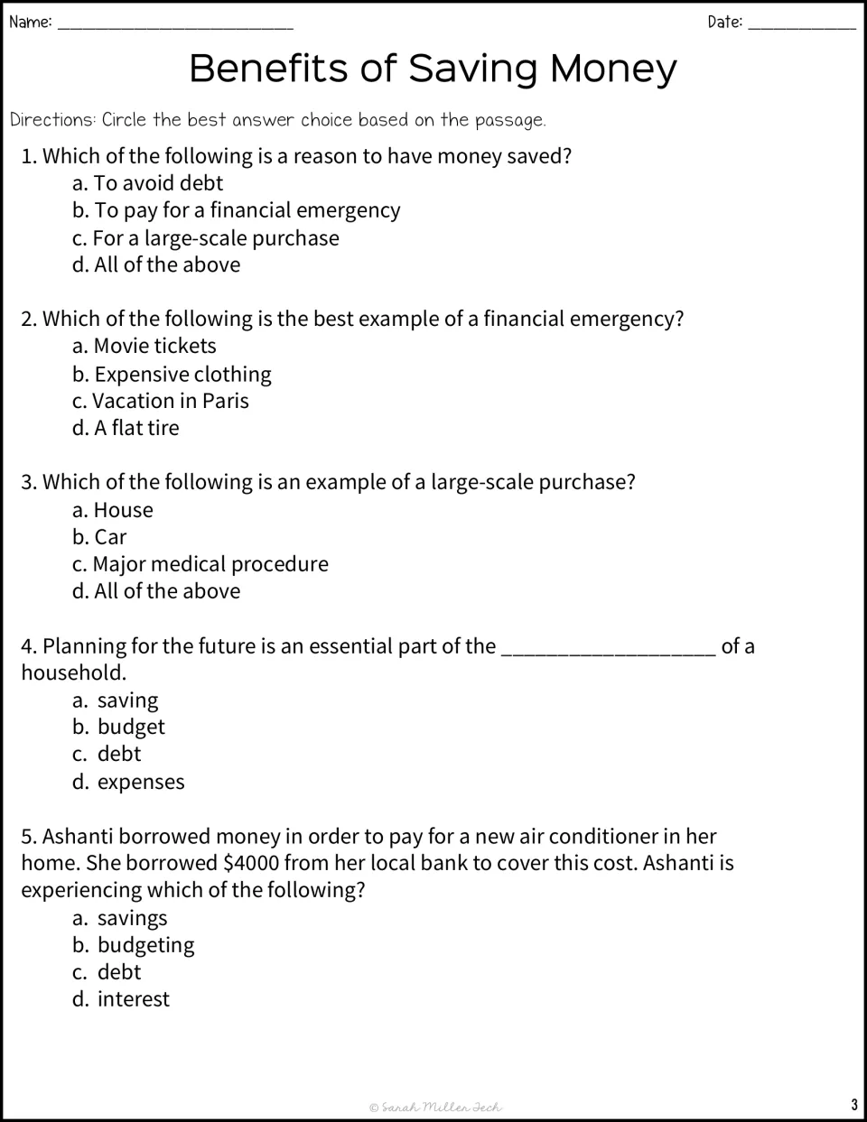 Reading comprehension on saving: students circle the best choice on 5 questions about debt, emergencies and budgets