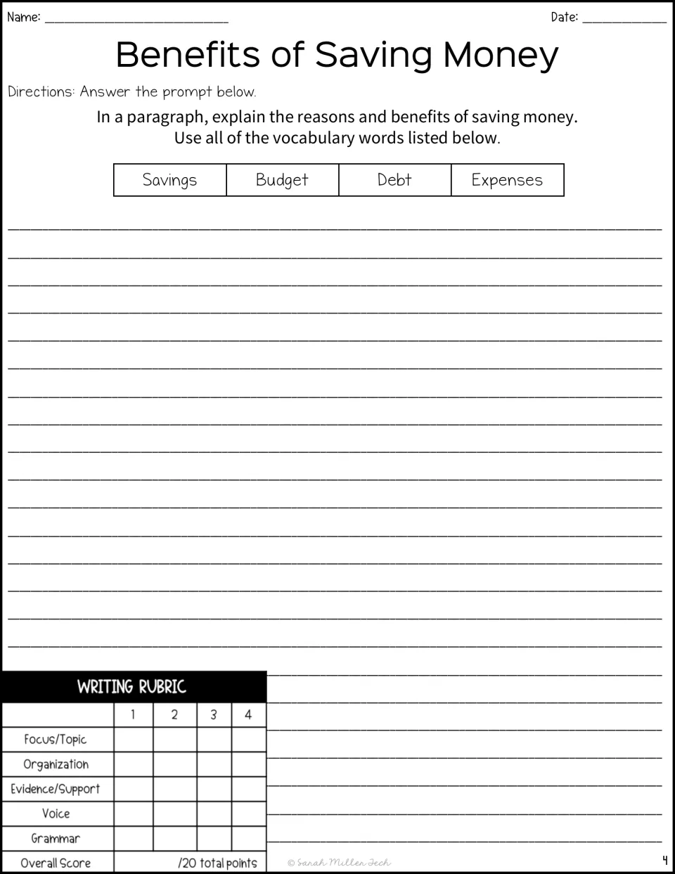 Paragraph writing prompt: students explain reasons to save money using savings, budget, debt and expenses