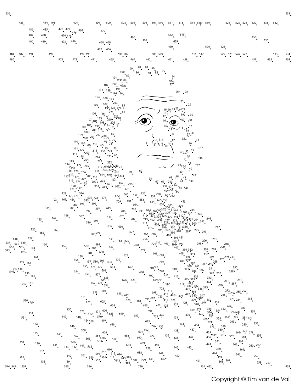 Benjamin Franklin dot-to-dot activity: connect dots 1–731 to complete his portrait and the name FRANKLIN