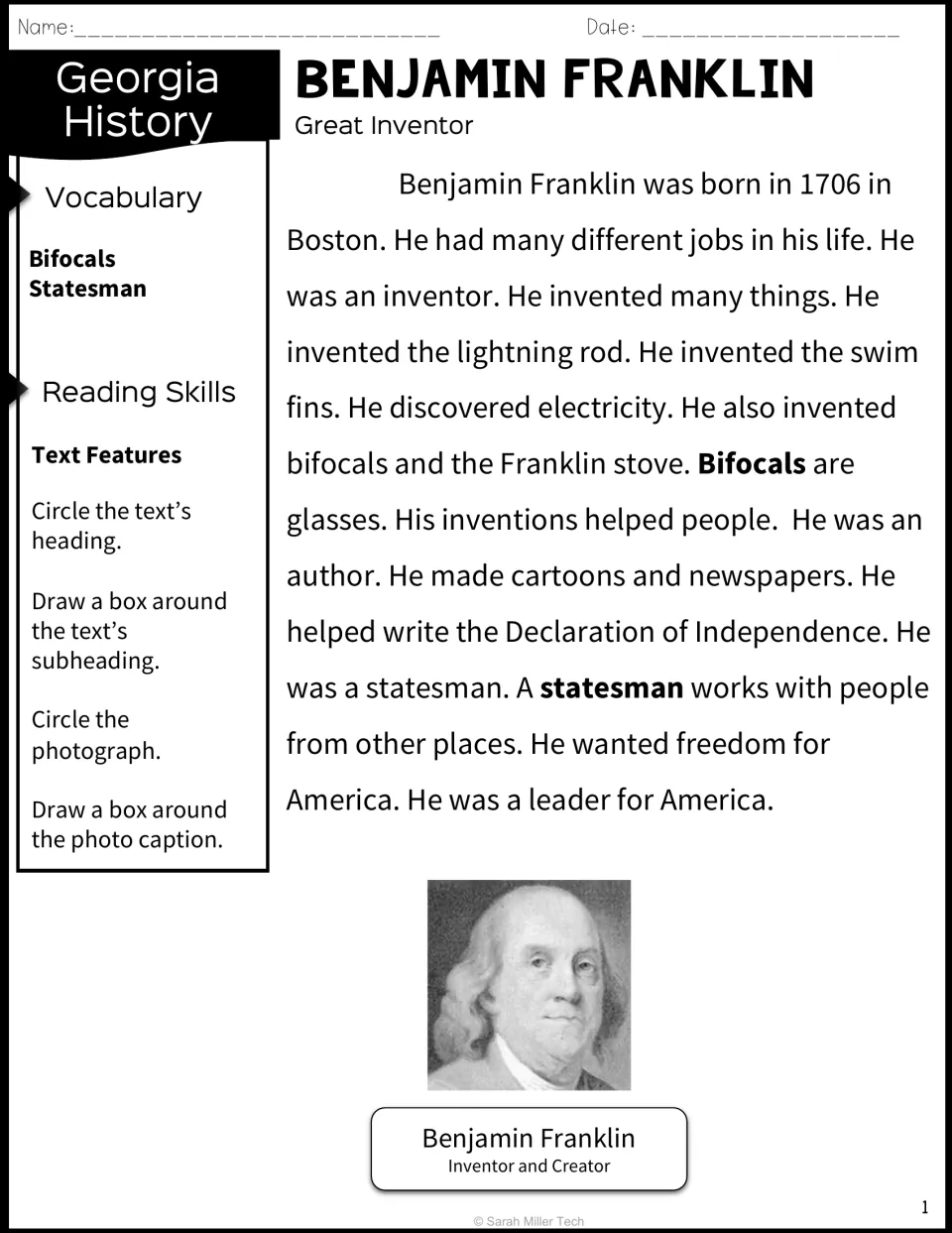Ben Franklin reading passage on his inventions and roles; students mark the heading, subheading, photo and photo caption