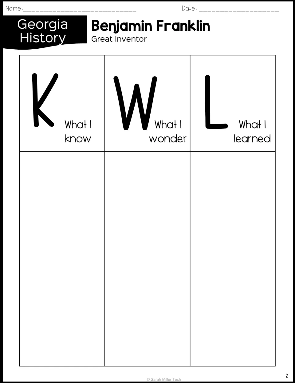 Benjamin Franklin KWL chart: students write what they know, what they wonder and what they learned about the inventor