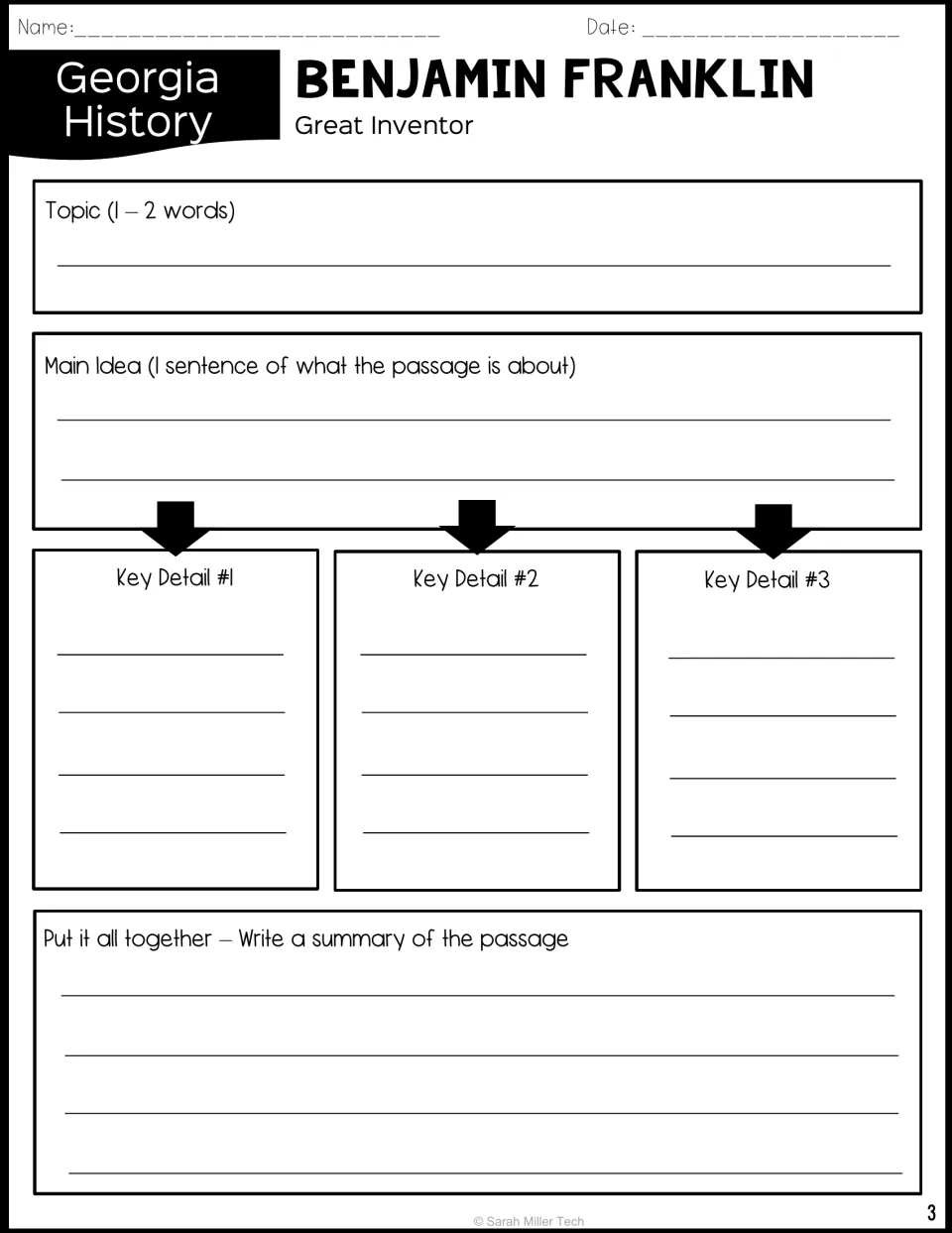 Franklin passage organizer: students write the topic, main idea, three key details and then a summary of the passage