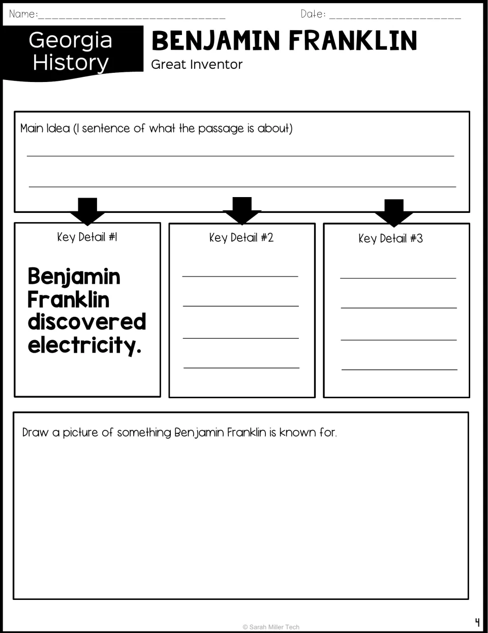 Main idea and details for Franklin, with detail 1 given (he discovered electricity); students add two more and draw him
