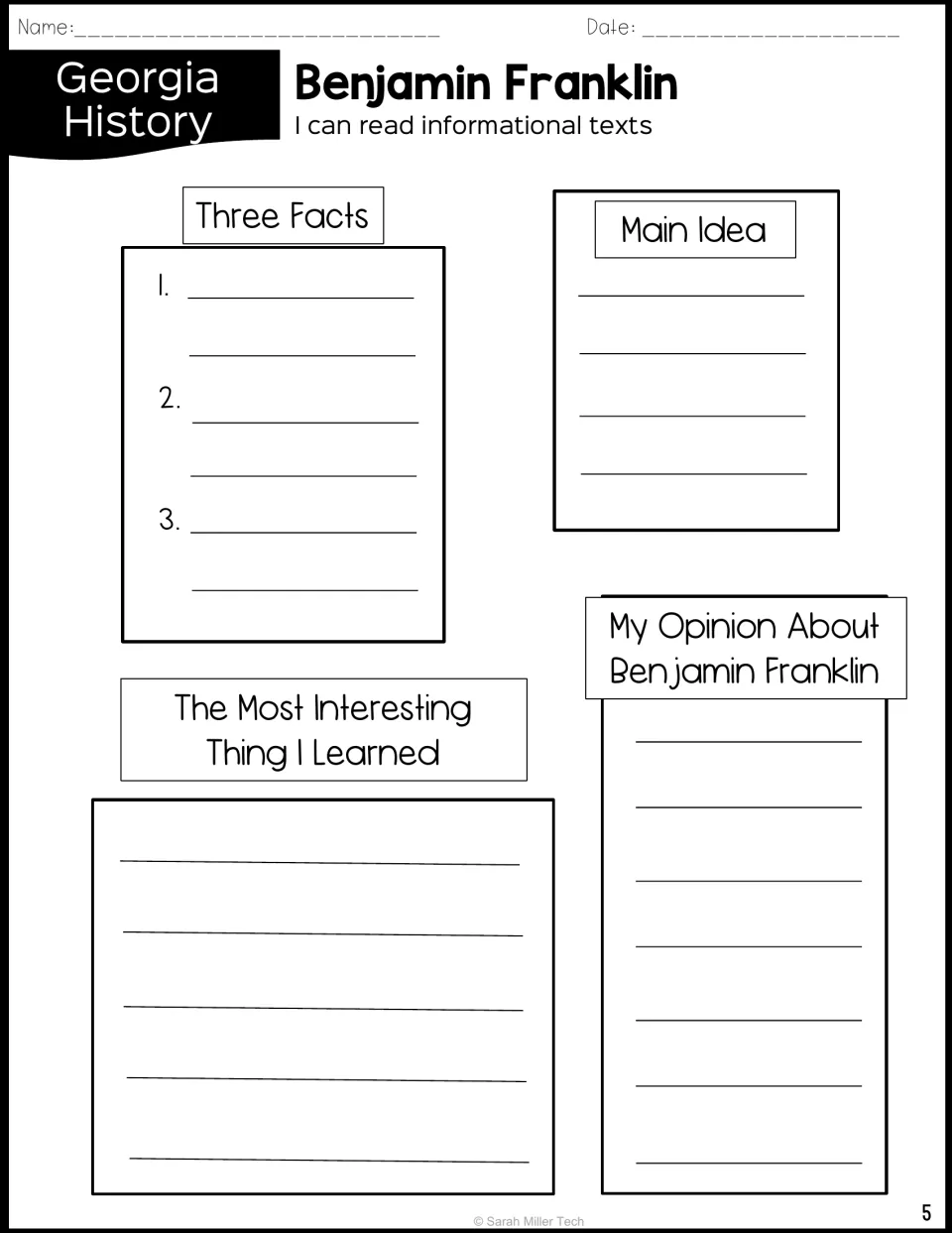 Reading response on Franklin: students list three facts, the main idea, the most interesting thing learned and an opinion