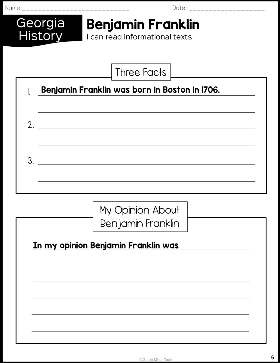Franklin facts and opinion: fact 1 (born in Boston in 1706) is given; students add two facts and finish an opinion sentence