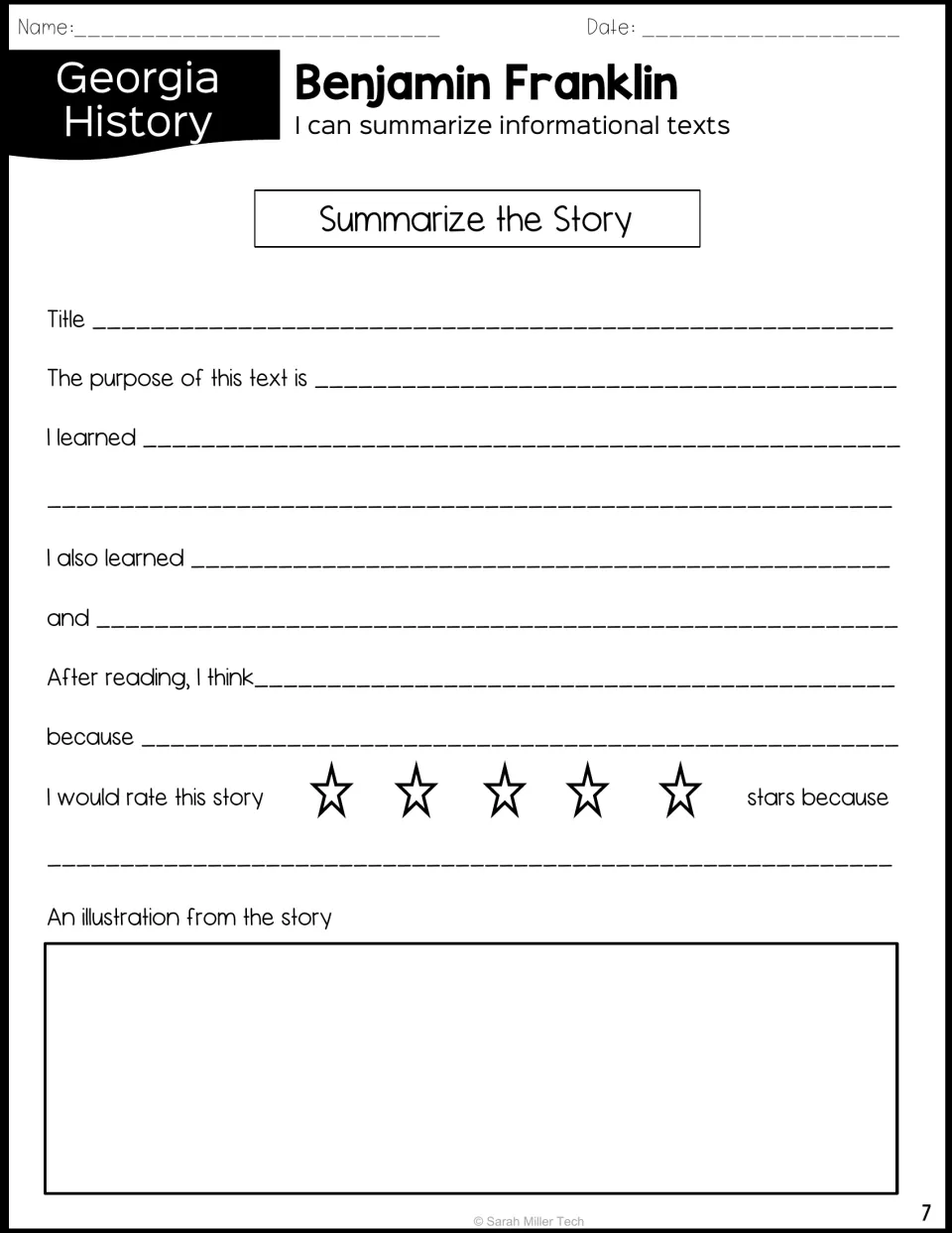Summarize the Story on Franklin: students give the title, text purpose, what they learned, a star rating and a drawing