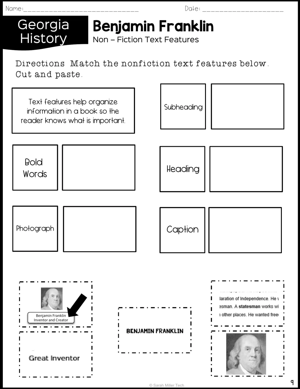 Nonfiction text features cut and paste: students match heading, subheading, bold words, photo and caption to Franklin clips
