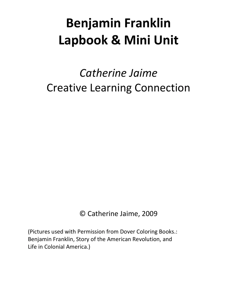 Title page naming Catherine Jaime and Creative Learning Connection, with a 2009 copyright and Dover picture permission note
