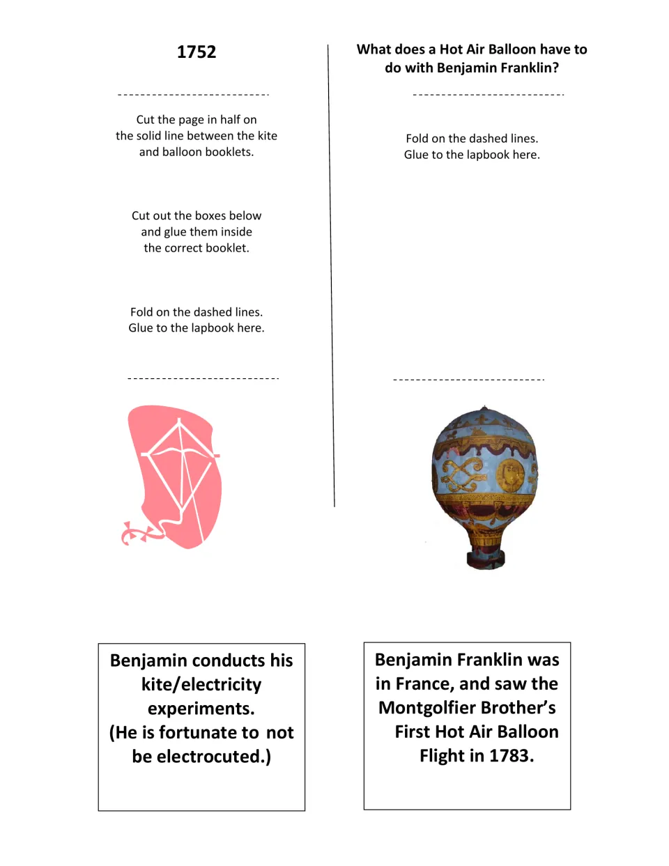 Kite and hot air balloon booklets: students cut, fold and glue, then match 1752 kite and 1783 Montgolfier event boxes