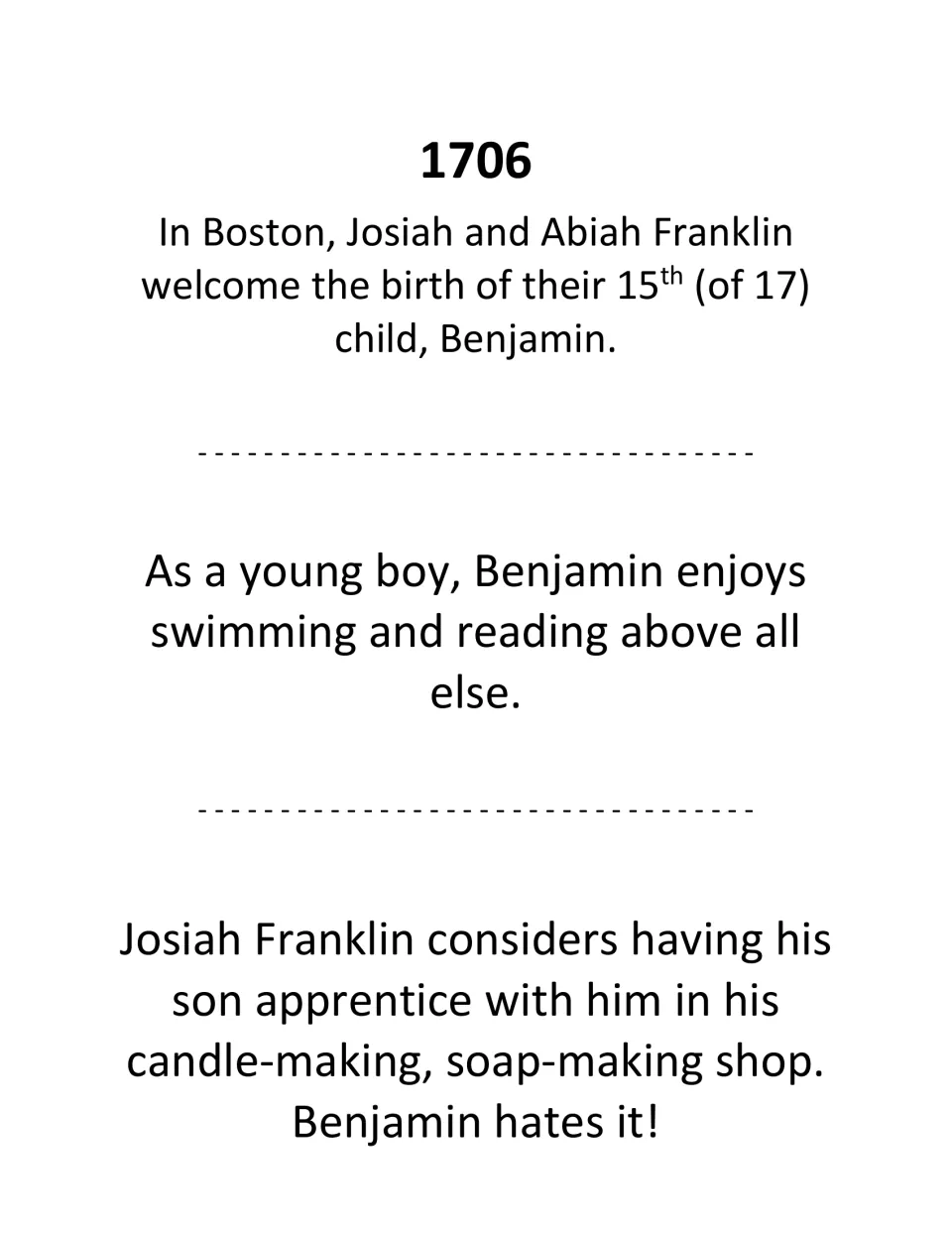 Franklin's childhood booklet pages: 1706 birth in Boston, love of swimming and reading, and his father's candle shop