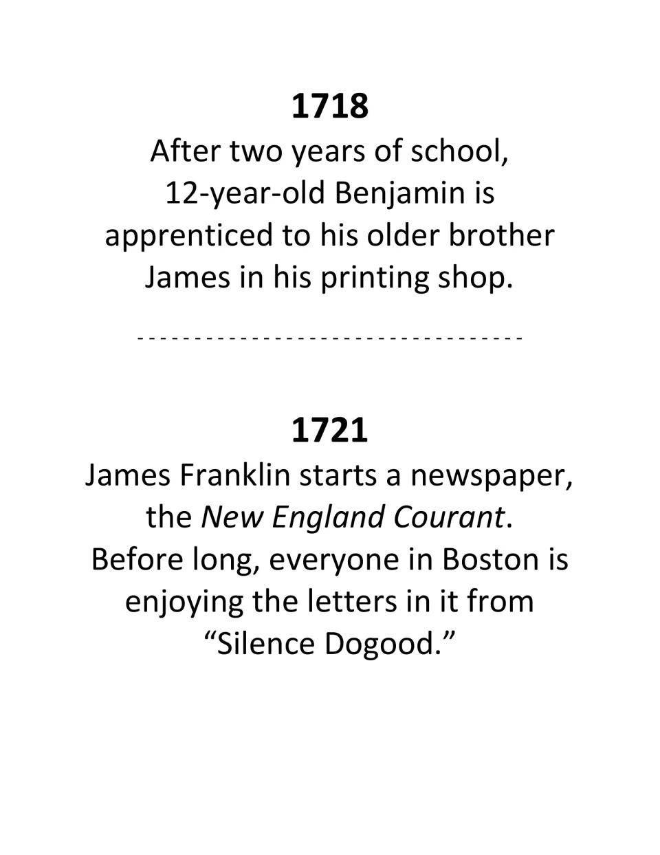 Booklet pages for 1718 and 1721: Benjamin apprenticed to brother James's print shop and the Silence Dogood letters