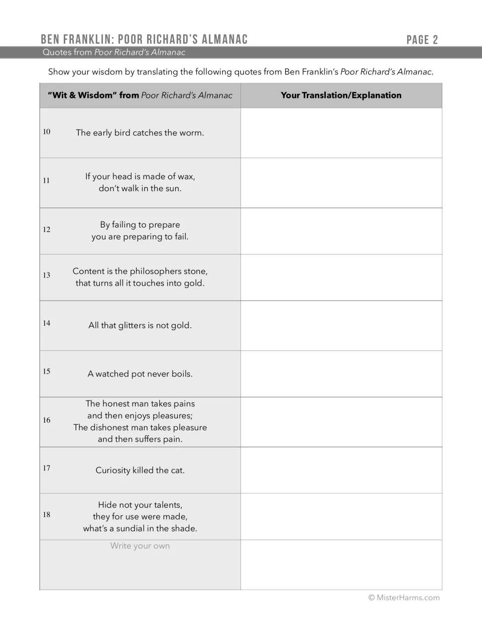 Almanac quotes page 2: students interpret sayings 10-18, from 'The early bird catches the worm' to a sundial verse