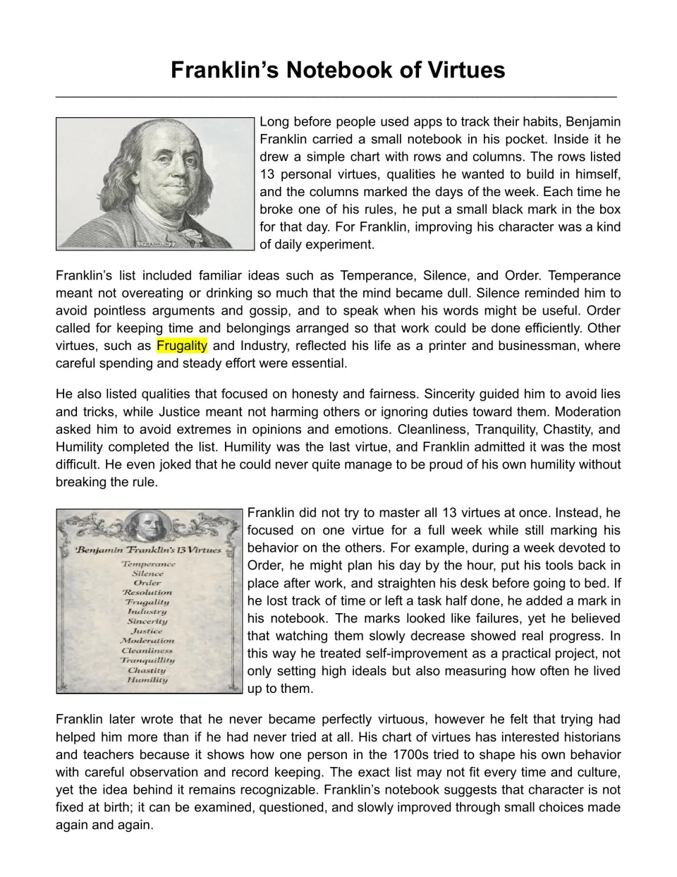 Reading passage about Franklin’s notebook of 13 virtues, weekly practice, and tracking personal growth
