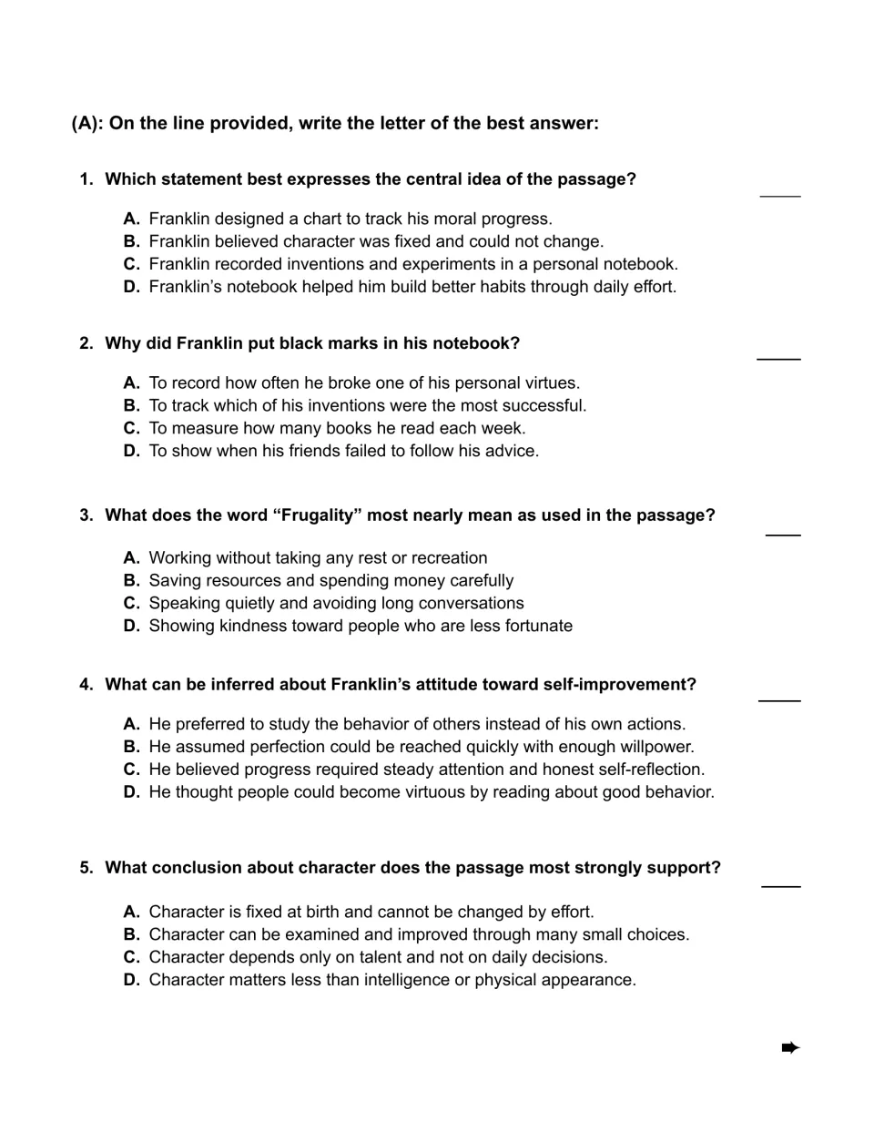 Five multiple-choice questions on Franklin’s habits, black marks, frugality, self-improvement, and character