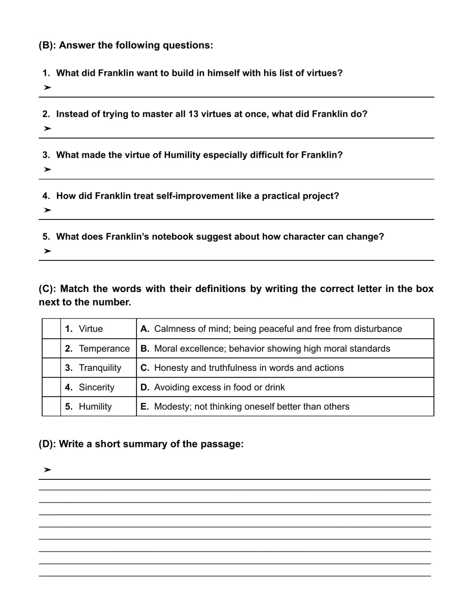 Five short-answer questions about Franklin, five virtue vocabulary matching items, and a summary prompt